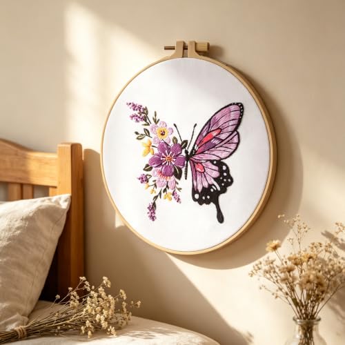 Embroidery Starter Kit for Adult Beginner with Butterfly Flower Pattern - color: Purple