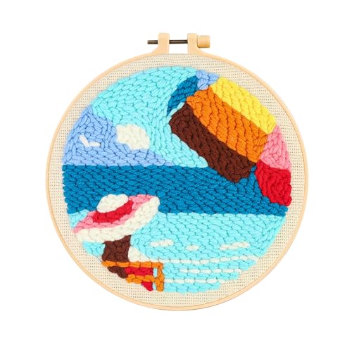 Ocean Seaside Punch Needle Kit for Beginners, Crochet Kit for Adult, All-in-One DIY Craft Set with Pre-Printed Fabric, Embroidery Hoop, Threads, Tools, Ideal Craft Gift, Home Decor - color: SUN-OCEAN