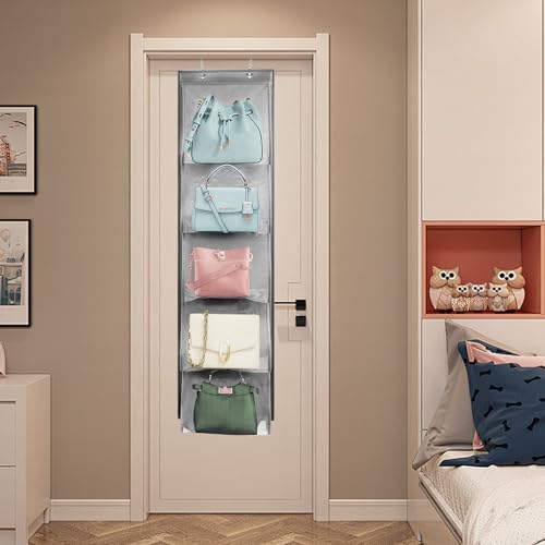 2 Pack Over the Door Hanging Vinyl Organizer Embroidery Stabilizer Holder Purse Storage for Closet Bath Towel Hanger Scarf Container 5 Large Pockets (One Side)