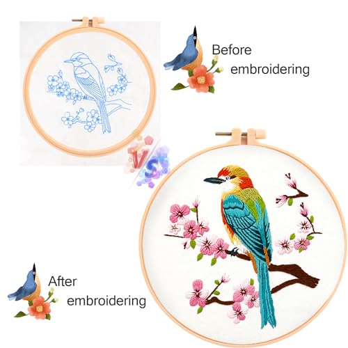 MAMUNU Embroidery Kit for Beginners Adults, Cross Stitch Kits, Stamped Cross Stitch Kits, Hummingbird and Flower Embroidery Kit with Printed Embroidery Cloth, Embroidery Hoop, Color Threads and Tools - color: Bird