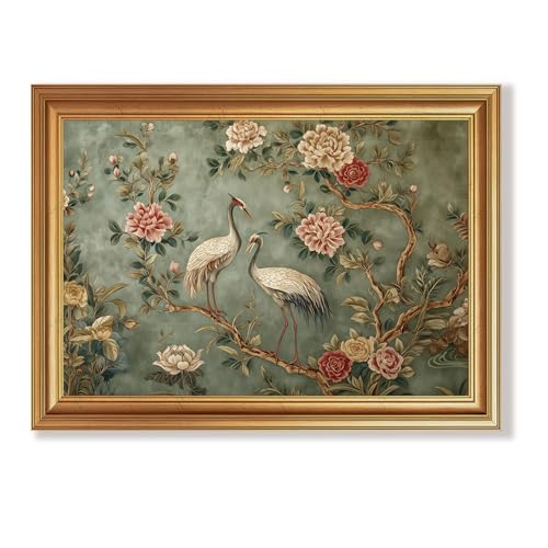 Wojuin Oriental Vintage Crane and Peony Framed Canvas Wall Art 16x24 inches - color: Garden, size: 24"L x 16"W
