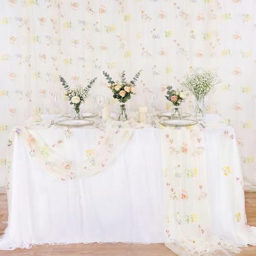 Beige White Floral Gauze Table Runner 10ft Embroidery Spring Tulle Linens - color: Beige, size: 27"x120",6pcs