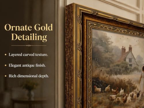 Vintage Gold Framed Farmhouse Wall Art Retro Country Farm Girl with Chicken Canvas Wall Decor Rustic Pastoral Scenery Painting Picture Artwork for Living Room Bedroom Home Decor - color: Chicken Coop, size: 24"L x 16"W