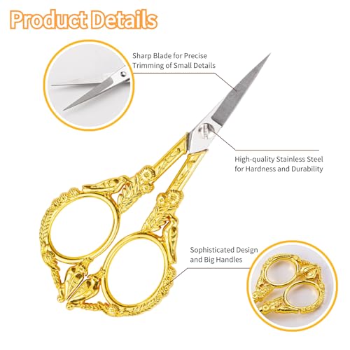 Embroidery Scissors, Small Sharp Pointed Sewing Scissors for Cross Stitch Cutting Embroidery Sewing Handcraft Craft Art Work DIY Tool with PU Leather Sheath (Gold) - color: Gold
