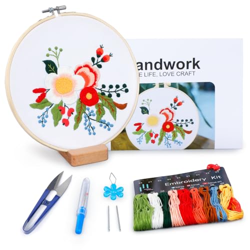 BERYA Embroidery Kit for Beginners, Flowers and Leaves Embroidery Practice Kit, Hand Floral Embroidery Starter Kit for Adults with Video Step by Step Instructions, Hoops, Threads and Needles (BEF014) - color: flower yellow and pink