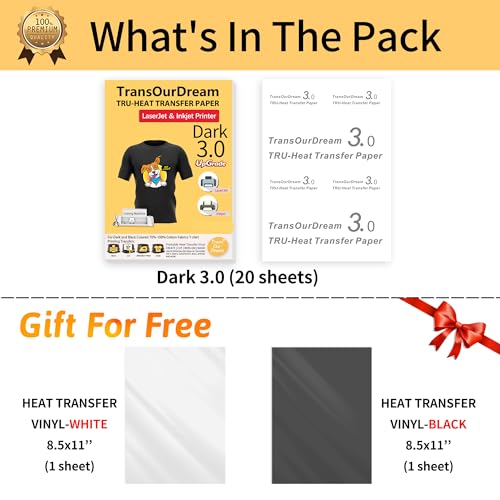 TransOurDream Iron on Heat Transfer Paper for Dark Fabric (20+2 Sheets, 8.5x11") Printable Iron on Transfers for Inkjet Printer & Laserjet Printer, Heat Transfer Vinyl for T Shirts (D3-BW-22) - color: Dark, size: 22 Sheets