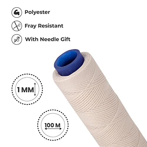 Waxed Thread, Strong Thread for Leather, Upholstery, Shoe, Bag, incl. Needle (Colour: Aspen Cream) - color: Aspen Cream