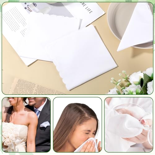 12 Pcs White Cotton Handkerchiefs for Women 11.8"x11.8" Pocket Hankies Scalloped Square Towel for Wedding Party Gift Favor