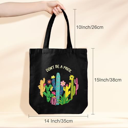 Louise Maelys 2 in 1 Embroidery Kit Canvas Tote Bag with Cactus Design - color: funny cactus