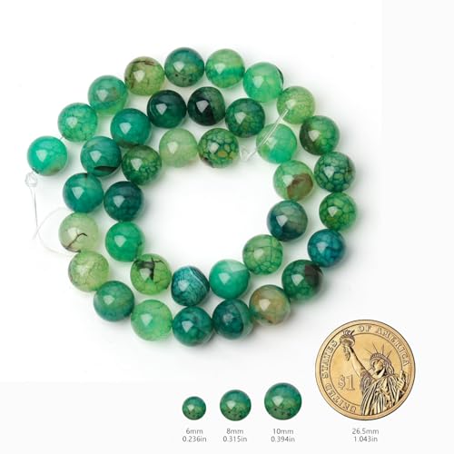60pcs Smooth Natural Green Agate Beads，6mm Dragon Vein Gemstone Round Loose Stone Beads for Jewelry Making DIY Bracelet Necklace Earrings - color: green dragon vein, size: 6mm