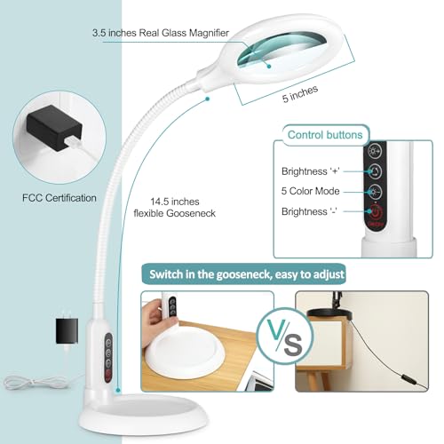 10X Magnifying Glass with Light and Clamp, 5 Color Modes Stepless Dimmable Lighted Magnifier with Stand, Flexible Gooseneck LED Desk Lamp Hands Free for Craft Painting Hobby Close Work - color: White, size: 10X