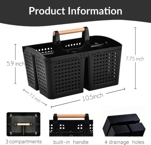 Portable Shower Caddy Basket with 3 Compartments and Handle, Black - color: Black