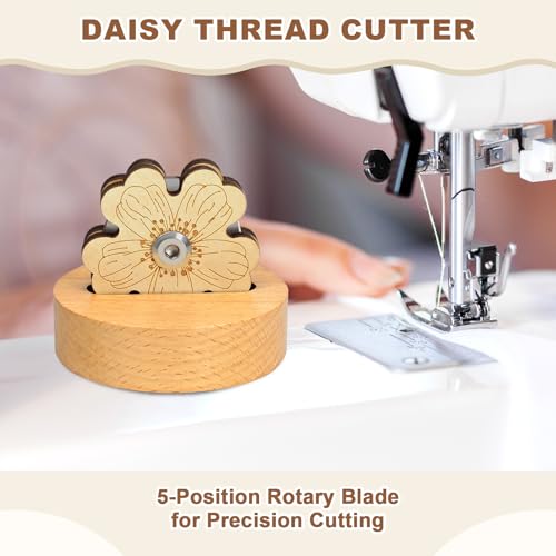 Thread Cutter for Sewing and Quilting, 2-Piece Floral Wood Cutter with Non-Slip Bases and 45mm Rotary Blades for Chain Piecing, Daisy and Peach Blossom