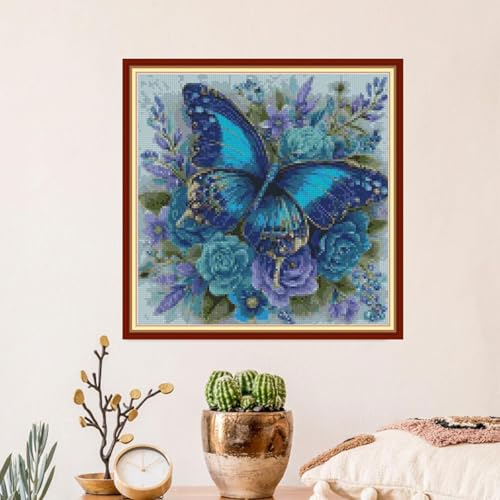 Butterfly and Flowers Cross Stitch Kits for Adults,11CT Stamped Cross Stitch Kits for Beginner,DIY Needlepoint Embroidery Patterns Kits Embroidery Patterns for Home Wall Decor 13.7x13.7 inches - color: T021