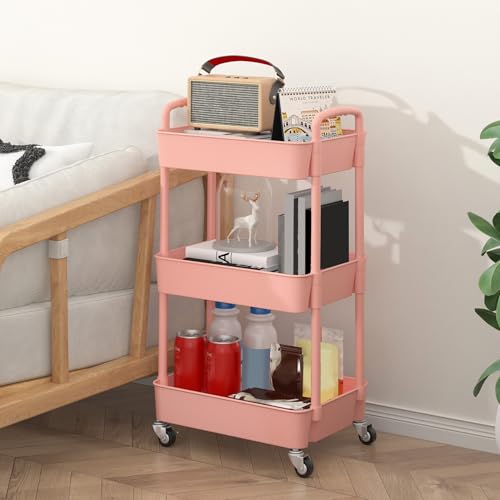 Sywhitta 3-Tier Plastic Rolling Utility Cart with Wheels for Storage, Pink - color: Pink, size: 3-tier