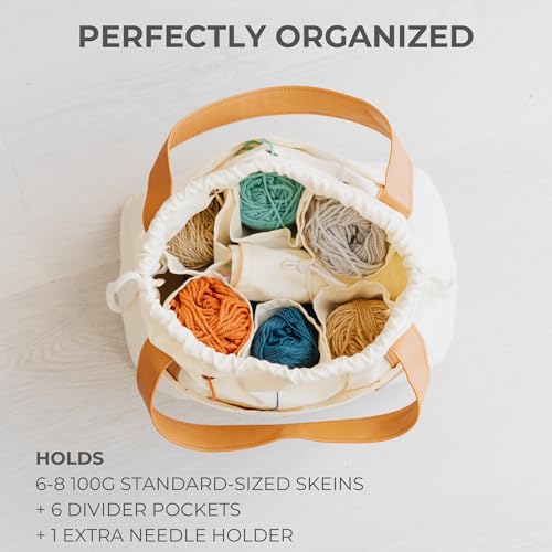 Stylish Crochet Bag Organizer for Yarn - Durable Canvas with 8 Pockets - color: Beige