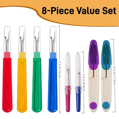 8Pcs Seam Ripper and Thread Snips Set - 2 U-Shaped Sewing Scissors with Covers & 6 Stitch Removers (Large/Small) - Sharp Thread Cutter Tool Kit for Quilting, Embroidery, Needlework & Hems