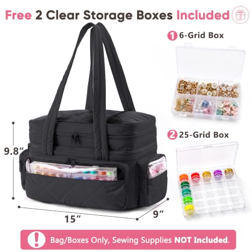 AMOIGEE Puffy Double-Layer Sewing Storage Bag with 2 Clear Organizer Boxes - color: Black