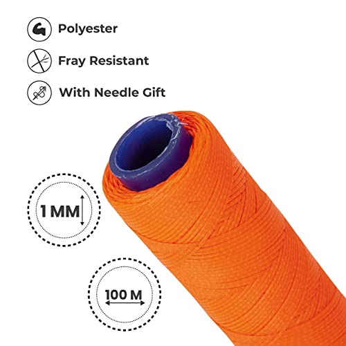 Waxed Thread, Strong Thread for Leather, Upholstery, Shoe, Bag, incl. Needle (Colour: NEON Orange) - color: Neon Orange