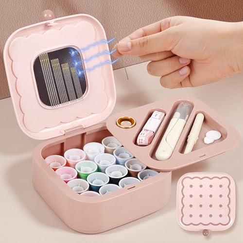 LOTOFUN Small Sewing Kit Box: Cute Portable 2-Layer Organizer Magnetic Needle and Thread Kits Holder Basic Case - Home Clothes Repair for Beginners (Pink) - color: Pink