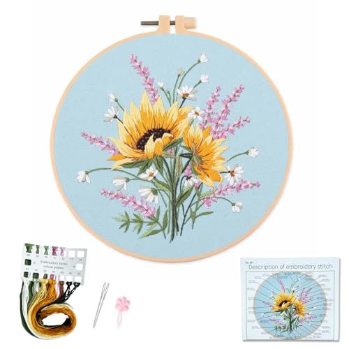 Silentsea Embroidery Kit – Sunny Sunflowers with Delicate Purple and White Floral Accents, Perfect for Beginners and Craft Lovers - color: Sunflower