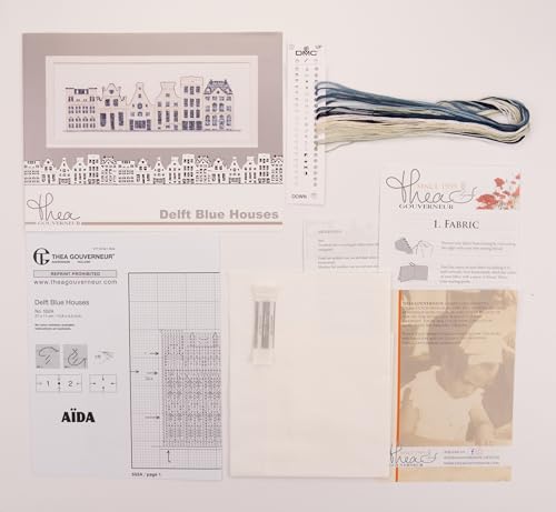 Thea Gouverneur - Counted Cross Stitch Kit - Delft Blue Houses - Aida - 18 Count - Embroidery Kit for Adults - DMC Embroidery Threads and Other Cross Stitch Supplies Included - 552A - color: Delft Blue Houses, size: 10.6 x 4.3 inches