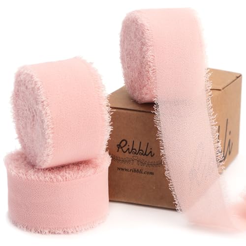 Ribbli Blush Pink Ribbon 1 Inch x 3 Rolls Total 24 Yards Pink Handmade Fringe Chiffon Silk Ribbon for Wrapping Wedding Invitations Bridal Bouquets DIY Crafts Home Decor - color: Blush Pink