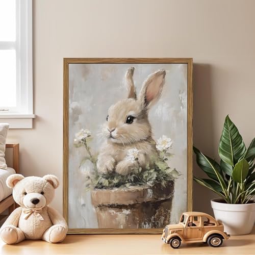 Framed Vintage Easter Bunny Wall Art, Cute Cottagecore Rabbit Floral Pictures Wall Decor, Spring Farmhouse Animal Paintings Prints Rustic Home Decor for Living Room Bedroom Nursery 8x10 inch - color: Cute Rabbit, size: 10"L x 8"W