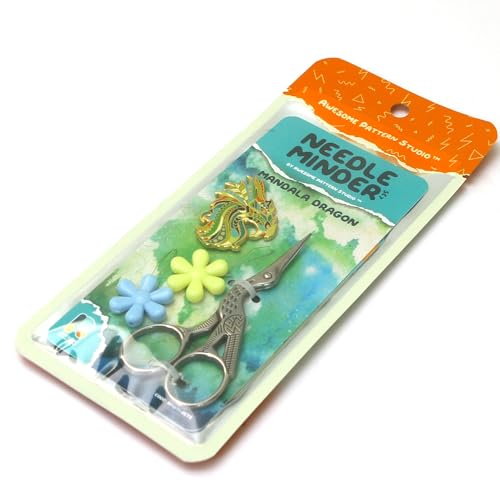 Needle Minder Set - Mandala Dragon Magnetic Needle Minder + 2 Needle Threaders + Crane Scissors. Enamel Pin for Cross Stitch, Embroidery and Craft - size: Dragon Set #2