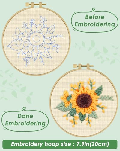 ERKOON Punch Needle Kit Beginners Adults, DIY Easy Flower Embroidery Set for Starter Art Craft, Needling Punching Project with Patterns, Tools, Yarns, Hoop, Instruction (Yellow Flowers) - color: Sunflower-1