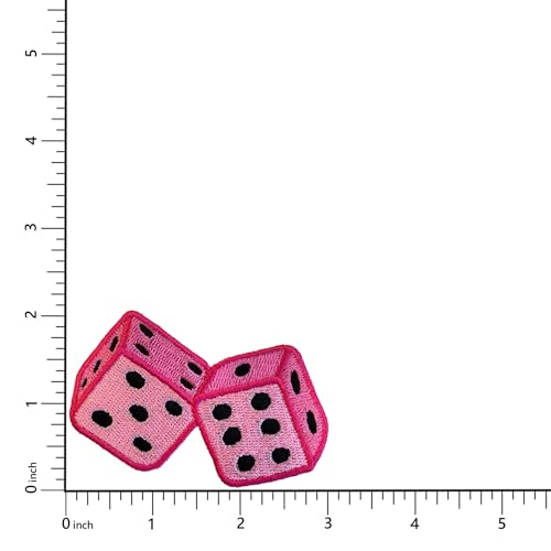 Pink Dice Patch, 3” x 2”, 2-Pack, Embroidered Iron-On for Hats, Bags, Jackets - color: Dice - Pink