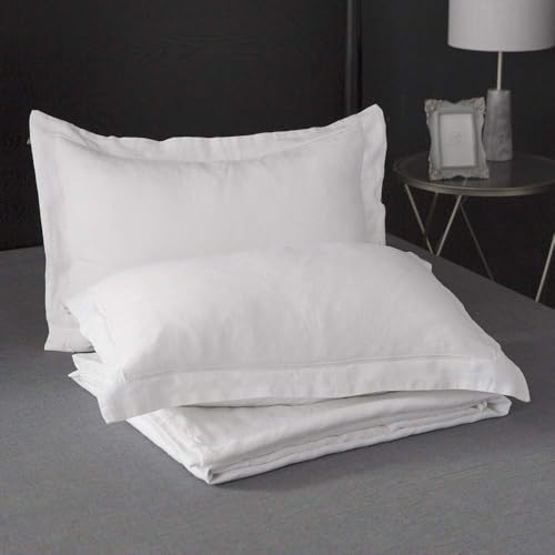 Simple&Opulence 100% Linen Duvet Cover Set with Embroidery Border Washed - 3 Pieces (1 Duvet Cover with 2 Pillow Shams) with Button Closure Soft Breathable Farmhouse - White, Full Size - color: White, size: Full