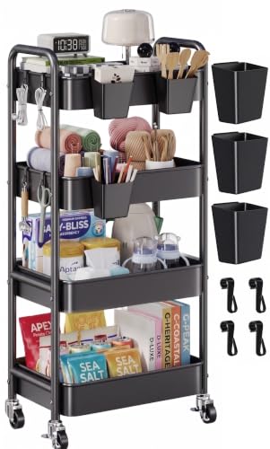 4 Tier Rolling Cart Metal with Wheels, Black Storage Carts,38in Tall - color: Matte Black, size: 4 Tier + Cups + Hooks