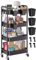 4 Tier Rolling Cart Metal with Wheels, Black Storage Carts,38in Tall - color: Matte Black, size: 4 Tier + Cups + Hooks