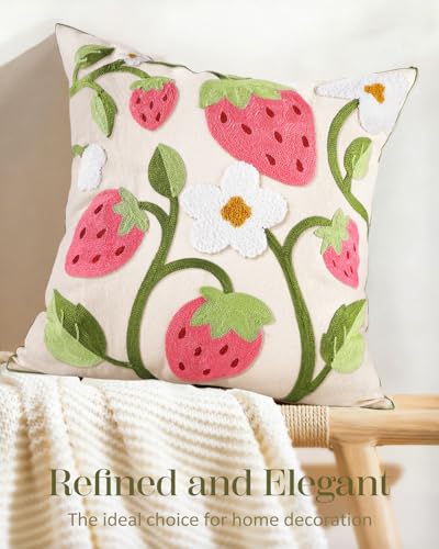 Embroidered Throw Pillow Cover 18x18 Inch, Branch Strawberry - color: Branch-strawberry, size: 18" x 18" (Pack of 1)