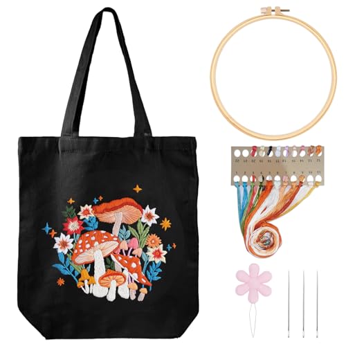 Louise Maelys Embroidery Kit Canvas Tote Bag with Mushroom Floral Pattern - color: mushroom art