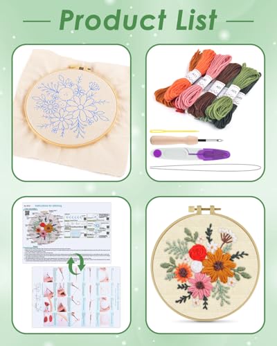 ERKOON Punch Needle Kit Beginners Adults, DIY Easy Flower Embroidery Set for Starter Art Craft, Needling Punching Project with Patterns, Tools, Yarns, Hoop, Instruction (Rainbow Flowers) - color: Rainbow Flowers