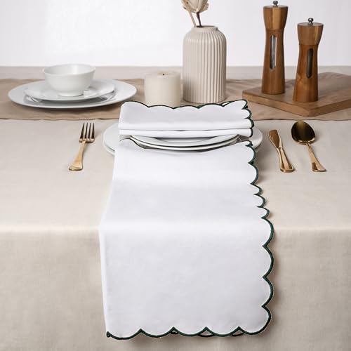 Blue Needles Cotton Scalloped Embroidery Cloth Napkins 17X17Inch - Set of 4 - color: White(edges - Green)