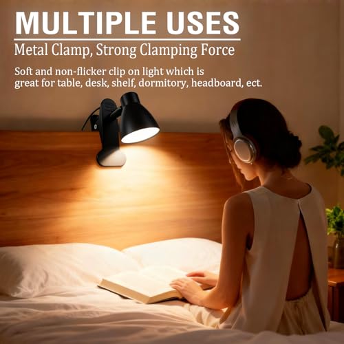 CRI 90+ Clip on Reading Lamp, Clip on Light for Bed headboard/Desk/Bunk/Table/Shelf, Bedside Reading Light with 3 Color Temperature Options, 10 Dimmable Brightness Levels (6W/2Packs) - size: 2 Packs Short Neck Clip