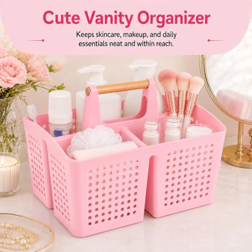 Portable Shower Caddy Basket with 3 Compartments and Handle, Caddy Pink - color: Caddy Pink