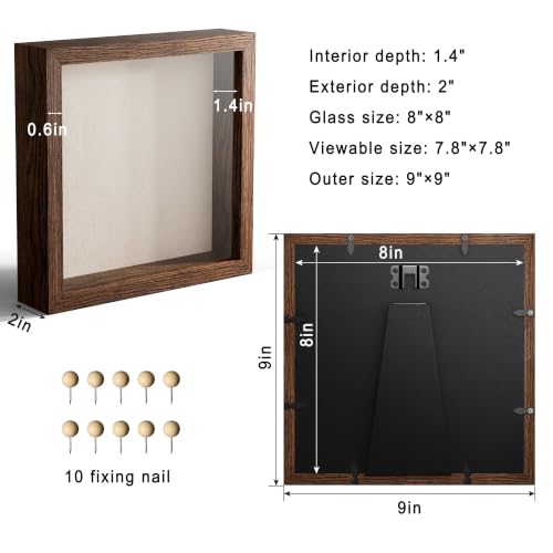 8x8 Shadow Box Picture Frame Display Case with Soft Linen Back, Brown Wooden Memory Shadow Box Frame with Tempered Glass Cover for Wall or Tabletop Display - color: Brown, size: 8x8