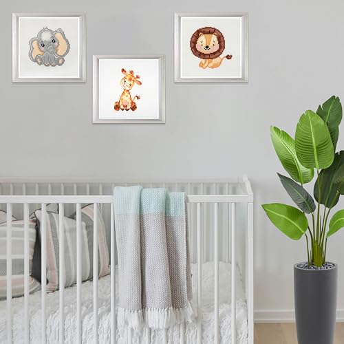 Trimits 3PK Cross Stitch Bundle – Counted Embroidery Kit, Beginner & All Level Starter Set, Complete with Instructions & Thread Children Wall Home DIY Décor – 13x13cm – Giraffe, Elephant, Lion - style: Giraffe, Elephant, Lion