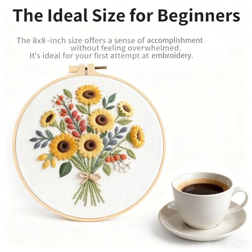 Sunflower Embroidery Kit for Beginners - All in One DIY Cross Stitch Starter with Hoop, Pre-Printed Fabric, Embroidery Threads, Needles,Perfect Craft Gift for & Home Decor