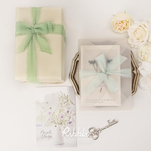 Ribbli Green Ribbon 1 Inch x 3 Rolls Total 24 Yards Ivory/Sage/Forest Green Handmade Fringe Chiffon Silk Ribbon for Wrapping Wedding Invitations Bridal Bouquets DIY Crafts Home Decor - color: Cream/Creamy Sage/Sage