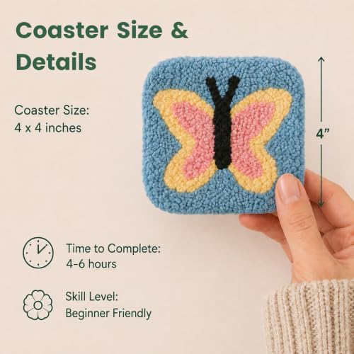 Kukovaya Punch Needle Kit for Beginners & Adults; Complete DIY Embroidery 6-Coaster Kit with Printed Fabric, Yarn, Needle, Hoop & Guide Easy Craft Kit for Home Decor, Gifts & Stress Relief