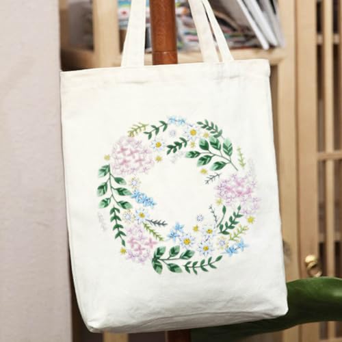 Yangshine Canvas Tote Bag Embroidery Kit with Pattern, Cross Stitch Kits for Beginners, Adults Arts Crafts Needlepoint Kit Include Embroidery Bag, Hoop and Instruction (Beige Bag, Flower) - color: Beige Bag, Flower