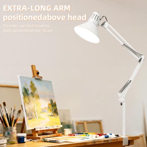 White Desk Lamp with Clamp, Extra-Tall Adjustable Metal Swing Arm, 5000K - color: White, size: 5000K Natural Daylight-Extra Long Swing Arm