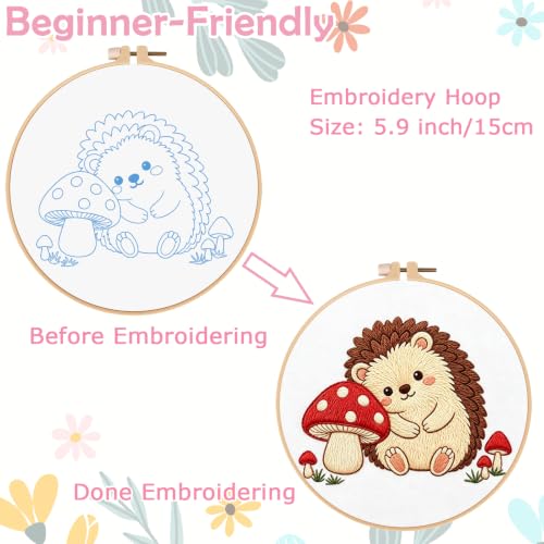 Nuberlic Embroidery Kit for Beginners Stamped Hedgehog Needlepoint - color: Hedgehog