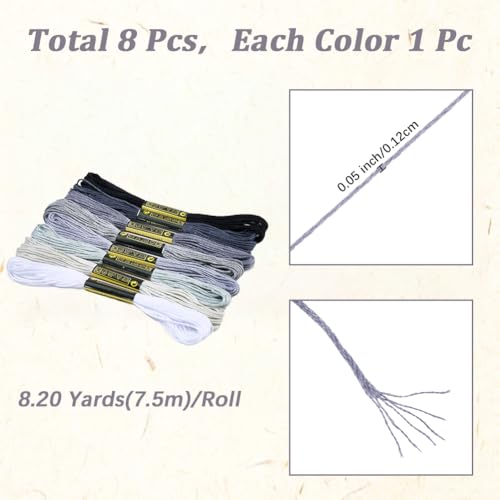 8 Skeins Embroidery Thread Friendship Bracelets String Cross Stitch Threads Cotton Floss Yarn 6 Ply 65yard 1.2mm for DIY Jewelry Making Sewing Needlework Knitting Stitching Craft Supply Gray - color: Gray