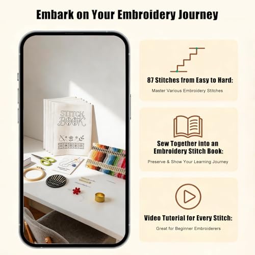 Embroidery Kit for Beginners, 87 Stitches Easy to Advanced, Step by Step Video Guides, DIY Embroidery Stitch Book, All in One Tool Set, Suitable for novices and Craft Enthusiasts